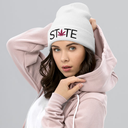 White State of Mind Leaf Cuffed Beanie Marijuana Pot Weed Advocacy