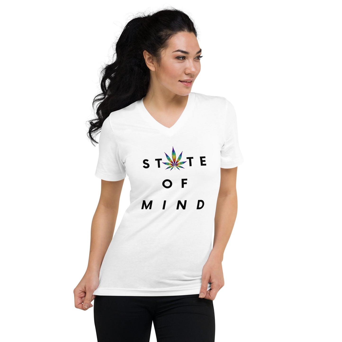 State of Mind Rainbow Leaf Unisex Short Sleeve V-Neck T-Shirt Cannabis Marijuana Pot Weed Advocacy