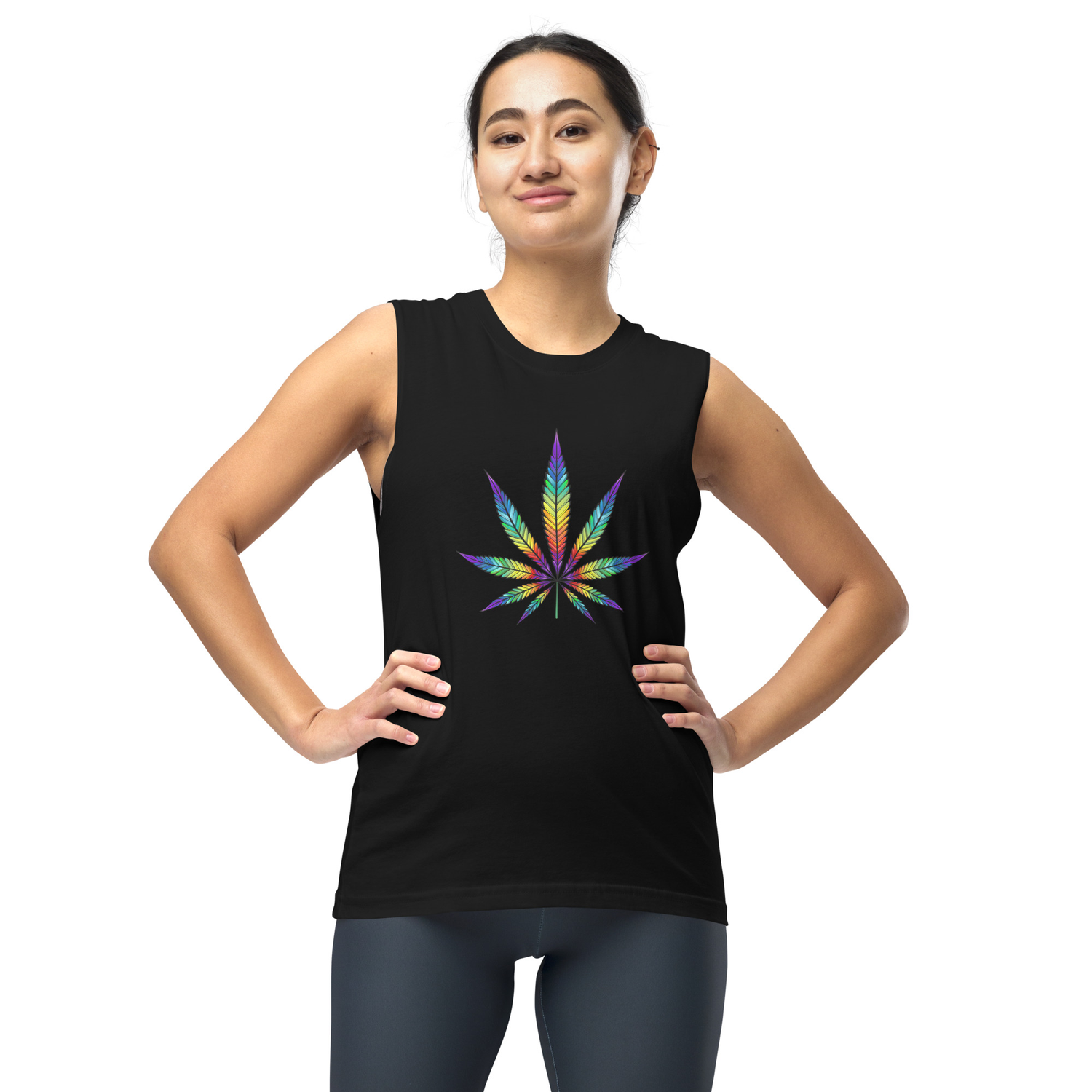 Woman wearing black muscle tank tee with front centered printed rainbow cannabis leaf