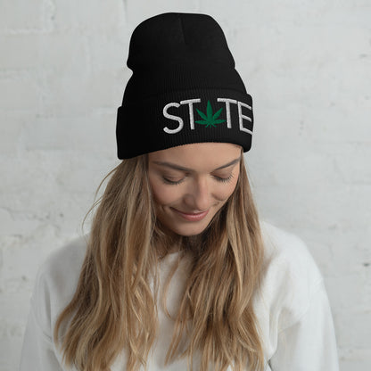 Black State of Mind Leaf Cuffed Beanie Hat Cannabis Marijuana Pot Weed Advocacy