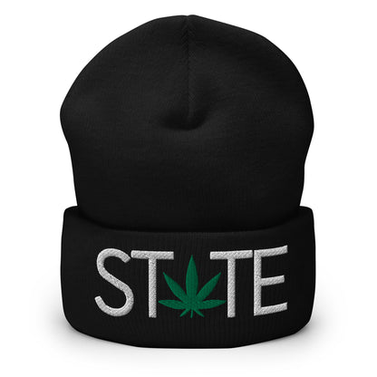 Black State of Mind Leaf Cuffed Beanie Hat Cannabis Marijuana Pot Weed Advocacy