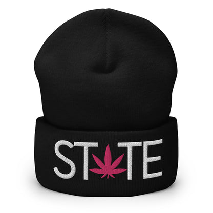 Black State of Mind Leaf Cuffed Beanie Hat Cannabis Marijuana Pot Weed Advocacy