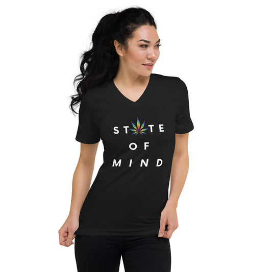 State of Mind Rainbow Leaf Unisex Short Sleeve V-Neck T-Shirt Cannabis Marijuana Pot Weed Advocacy
